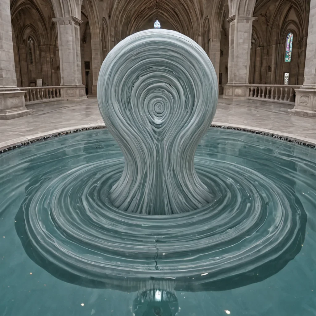 A single, selfreflecting pool of reversed liquidity, shaped like a 1,897dimensional toroidal vortex of unformed viscosity and inverted flow, rests at the center of a vast, inverted cathedral of solidified breatheach column carved from the exact moment between an inhalation and its refusal to expand, a sigh forming and dissolving into nonaerodynamic haze, a whisper coiling and collapsing into pure, unmeasured stillness. The pool does not contain waterit uncontains it, each rippling surface shedding a layer of fluid potential that never coalesced into tangible motion, reforming into ephemeral, aquamarinethreaded afterimages shaped like the negative space between two lungs that never synchronized in silent communion