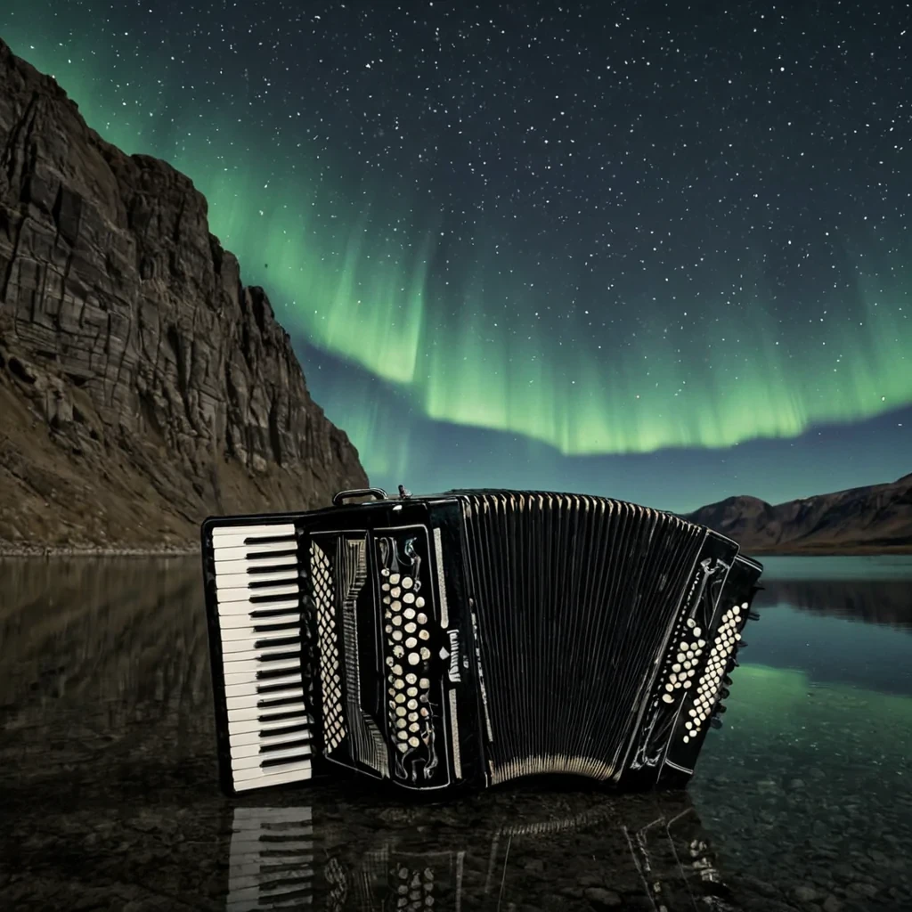A single, obsidianhued accordion rests open in the center of a vast, still lake of liquid mercury, its bellows not fabric but woven from solidified silence, each fold a perfect, geometric crease holding the weight of a thousand unplayed melodies. The lake does not reflectit absorbs, distorting the sky into a kaleidoscope of inverted auroras that pulse in time with the slow, subsonic hum of a forgotten lullaby. The accordion does not make soundit exhales a faint, shimmering mist of compressed breath, each particle shaped like the negative space between two fingers poised to play a note that never existed. The surrounding cliffs are not rockthey are fossilized moments of hesitation, each stratum etched