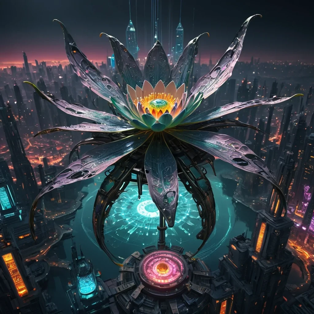 A colossal, ancient, mechanical lotus, its metallic petals unfurling to reveal a labyrinthine, neonlit city within, blooms from the heart of a vast, undulating, obsidian plain. Suspended within the lotus stamen, a holographic, sentient, mechanical swarm of dragonflies dances, casting ephemeral shadows on the citys inhabitants sentient, robotic, reptilian creatures. Rendered in ultra HD, with volumetric lighting, atmospheric effects, and vibrant colors, evoking a sense of surreal, otherworldly wonder.