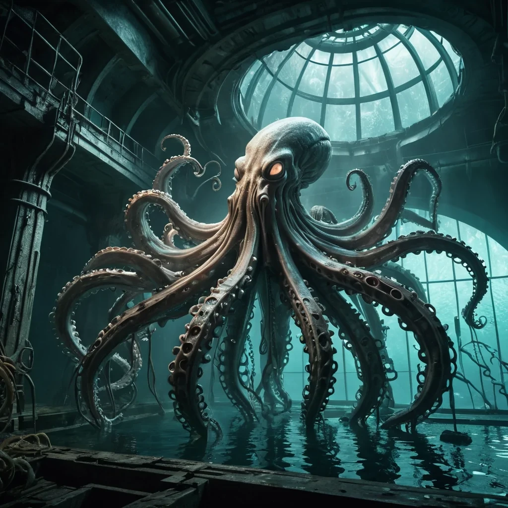 In the heart of a hyperrealistic, abandoned underwater research facility, a colossal, ancient mechanical kraken stirs, its metallic, textured tentacles unfurling from the shadows. Cinematic lighting from a distant, flickering biolume casts dramatic shadows, while dynamic, volumetric lighting dances across the krakens intricate, otherworldly form. Atmospheric bubbles swirl in the soft, pastel glow, as the krakens colossal, glowing eyes reflect the facilitys labyrinthine architecture. The krakens metallic surface ripples with a subtle, pulsating energy, hinting at an ancient, dormant power ready to awaken.