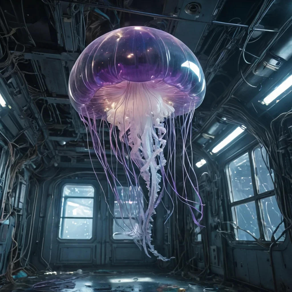 A colossal, crystalline jellyfish floats through the zero gravity of a derelict space station, its tendrils trailing through the air like glowing, iridescent ribbons, hyperrealistic, 8K, cinematic lighting, volumetric lighting, atmospheric effects, dynamic lighting, bokeh effect, soft focus, lens flare, iridescent blues, opalescent whites, and shimmering purples, detailed textures.