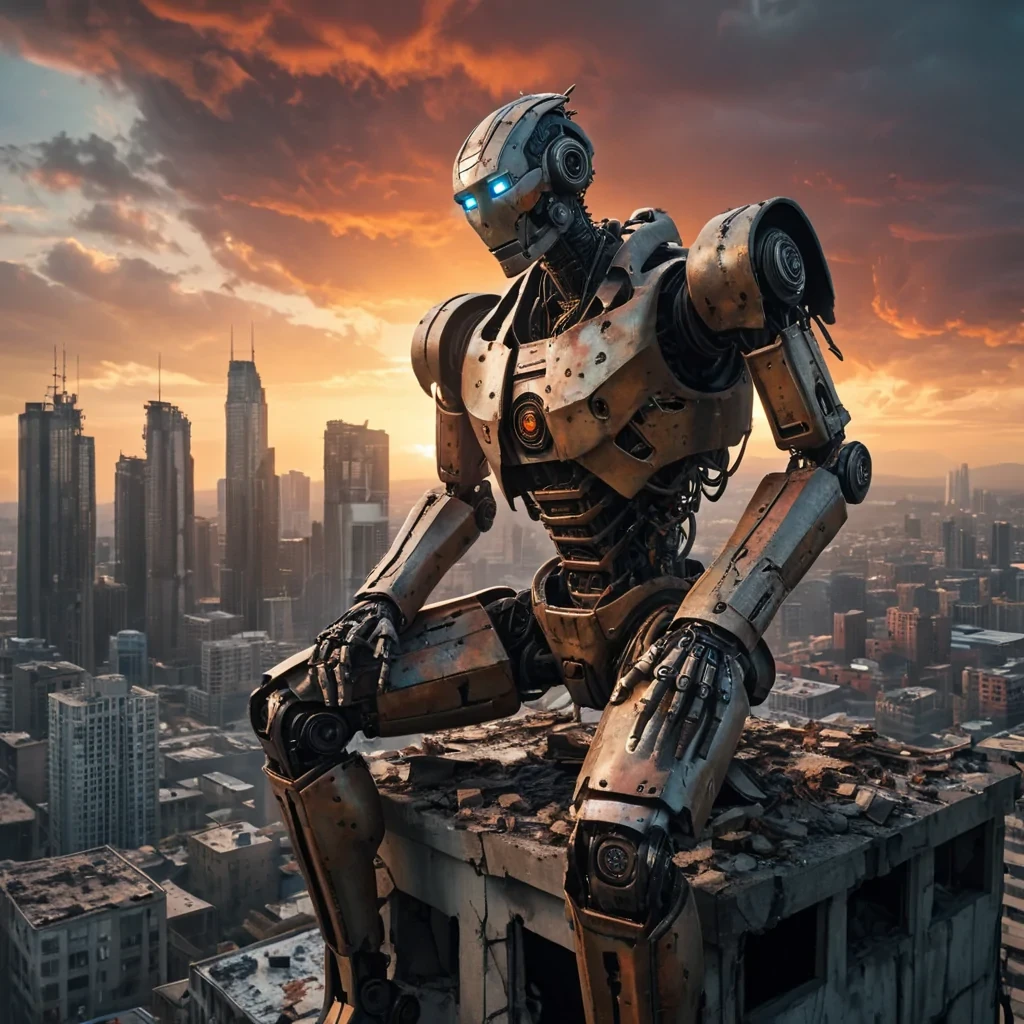 A cinematic, photorealistic portrait of a sentient, ancient robot, perched on the edge of a crumbling, abandoned skyscraper, overlooking a postapocalyptic, stormravaged city at sunset, with dynamic lighting, dramatic shadows, and a vibrant, fiery sky.