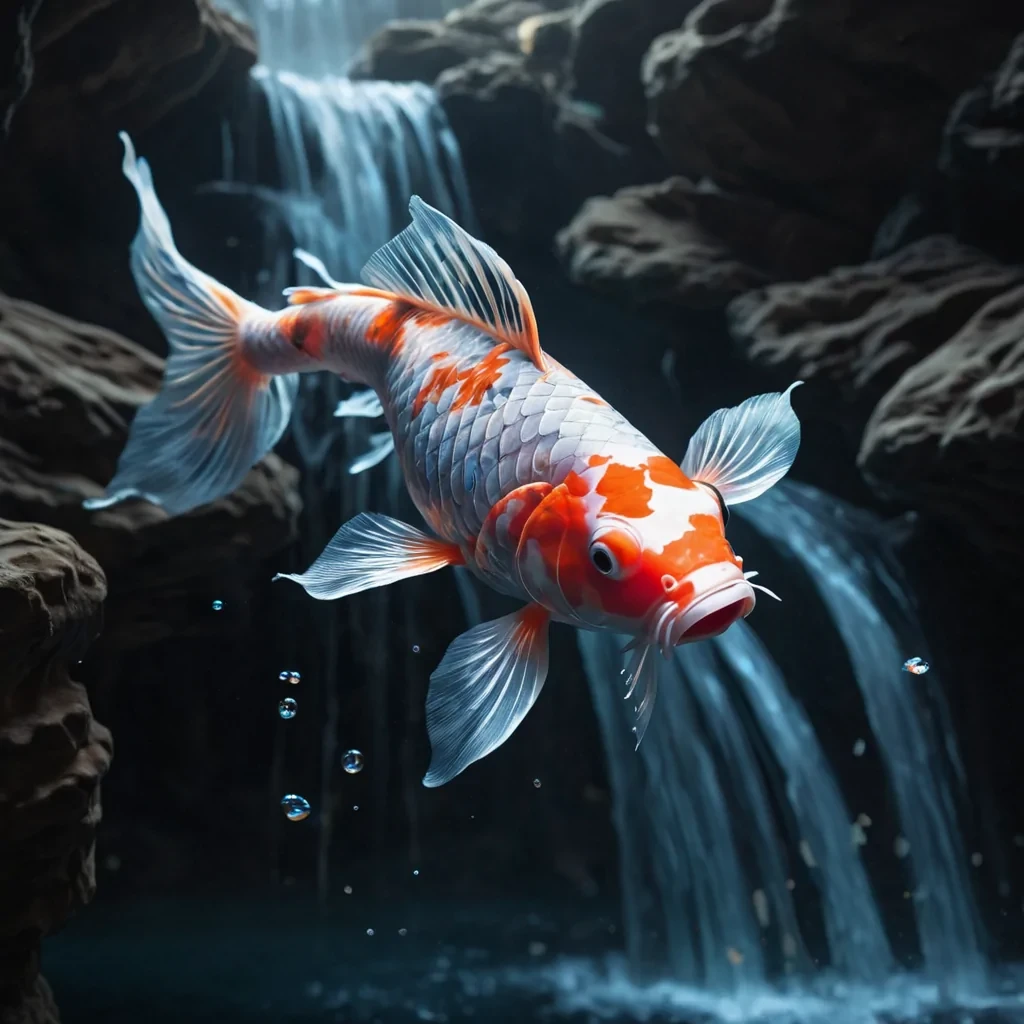 Photorealistic, Ultra HD portrait of a lone, sentient, neonlit holographic koi fish, its ethereal form pulsating with intricate, bioluminescent fractal patterns, gracefully leaping from a vast, bioluminescent waterfall, surrounded by a surreal, monochromatic landscape of undulating, shadowy dunes, with volumetric lighting casting dramatic shadows and emphasizing the fish dynamic, fluid movements, and a subtle, cool bokeh effect creating a sense of isolation and wonder.