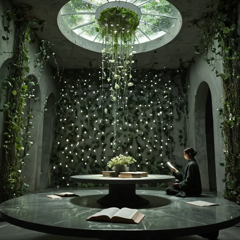A hyperrealistic, eyelevel medium shot of a quiet, subterranean atrium constructed from smooth, pale limestone, where the ceiling is a vast, transparent membrane looking up into a bioluminescent fungal forest. The room is filled with suspended, vertical gardens of silverleafed succulents and trailing vines that glow with a soft, ethereal green light. In the center, a solitary figure wearing a structured, charcoalgrey coat with high, stiff lapels sits at a low, round table made of polished slate, carefully arranging a bouquet of crystalline flowers that refract light like prisms. The table holds a steaming ceramic cup and an open book with pages made of thin, flexible metal sheets. The lighting is cool