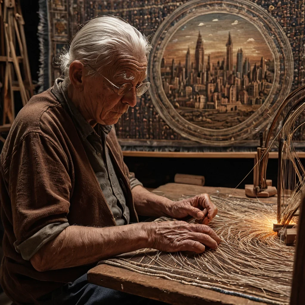 A hyperrealistic, mediumshot portrait of an elderly artisan with deep, weathered skin in a rich umber tone, seated at a workbench made of dark, polished walnut. They are weaving a delicate, intricate tapestry using threads that are not cotton or wool, but thin, flexible filaments of spun glass that refract the light into tiny, sharp rainbows. The tapestry depicts a complex, geometric cityscape in miniature, with buildings that seem to shift and rotate within the weave. The artisans hands are stained with faint, iridescent dust, and they hold a slender, silver loom shuttle with a focused, serene expression. The background is a soft, outoffocus blur of warm, amber workshop lighting, highlighting
