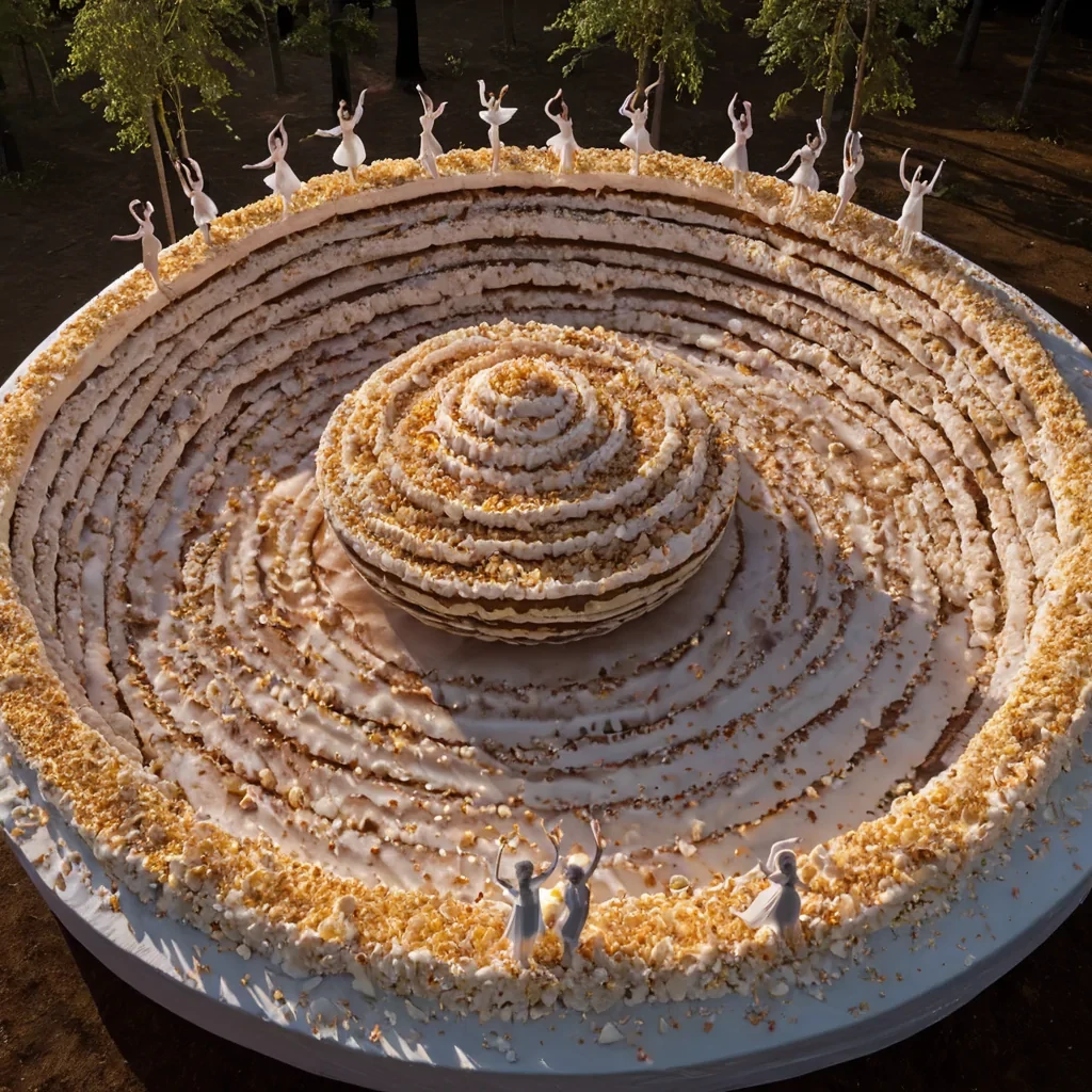 A highangle, aerial view of a vast, circular amphitheater carved into the side of a floating island made entirely of solidified, swirling chocolate mousse and crushed hazelnuts. The seating tiers are composed of stacked, goldenwafer ridges that spiral inward toward a central stage made of translucent, glowing vanilla gelatin. Performers in intricate costumes woven from spun sugar and candied fruit petals execute a slow, synchronized ballet, their movements creating trails of shimmering icing dust that hang suspended in the humid, warm air. The lighting is soft and diffuse, resembling lateafternoon sunlight filtering through a canopy of giant, translucent marshmallow clouds, casting gentle, pastelcolored shadows across the textured, edible landscape. The scene is rendered in ultra