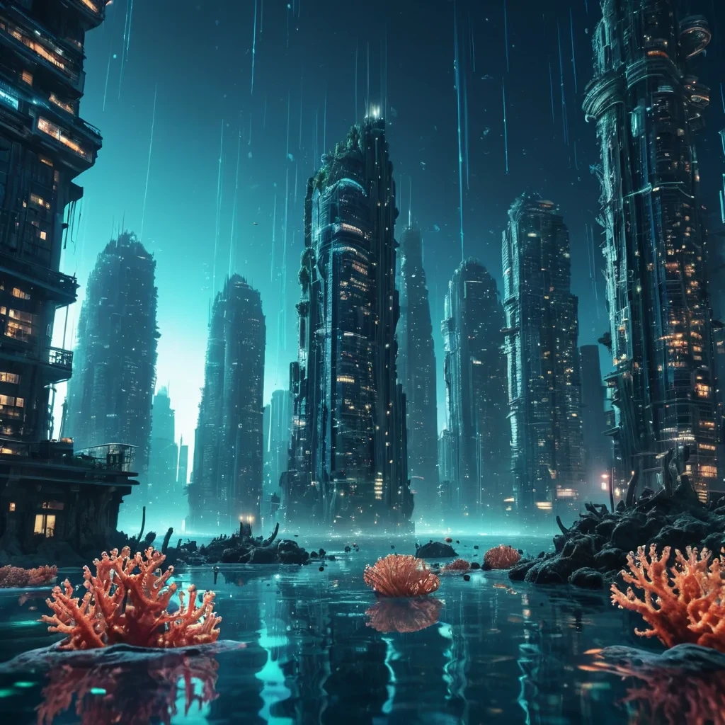 A futuristic, submerged city where bioluminescent corals illuminate underwater skyscrapers, photorealistic, ultra HD, cinematic lighting, volumetric lighting, atmospheric effects, dynamic lighting, bokeh effect, soft focus, lens flare, vibrant colors, detailed textures.
