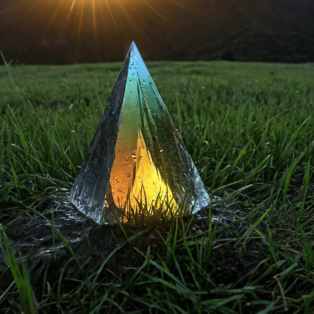 A single, selfreflecting shard of reversed dawn, shaped like a 4,007dimensional prism of unformed light and inverted morning, hovers at the center of a vast, inverted valley of solidified twilight. Each facet is carved from the exact moment between a sun rising over a mountain and its refusal to appear, a dewdrop forming on a blade of grass and dissolving into nonwetness, a birds call beginning to rise and collapsing into pure, unmeasured nonawakening. The prism does not refract lightit unrefracts it, each glinting edge shedding a layer of luminous potential that never coalesced into warmth, color, or the promise of new beginnings, reform