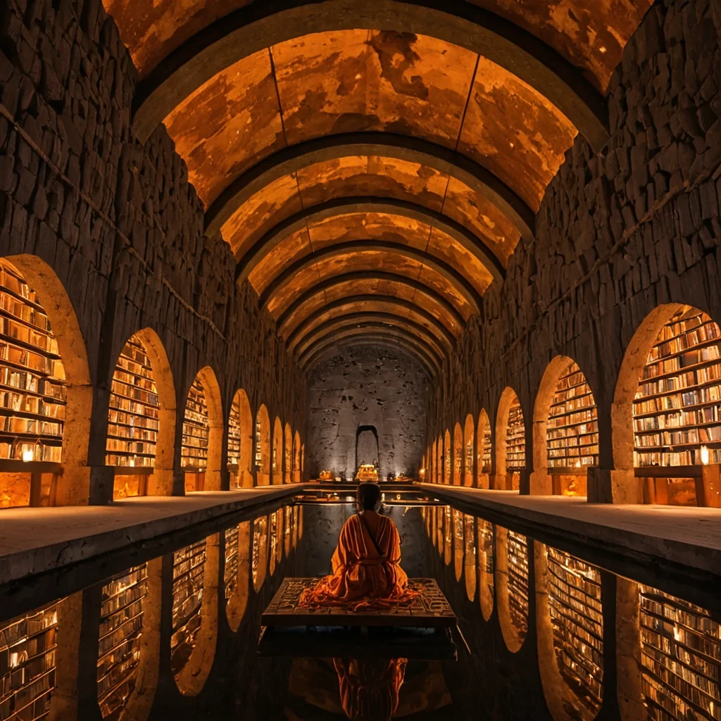 A horizontal, eyelevel wide shot of a vast, subterranean library carved into the walls of a colossal salt mine, illuminated by thousands of hanging, geometric lanterns made of polished amber and brass. The architecture features smooth, curved tunnels and towering arches, with shelves constructed from raw, translucent halite crystals that glow with a soft, internal pink and orange light. In the center, a wide, circular pool of still, clear water reflects the ceilings intricate lattice of glowing conduits, surrounded by low, floating platforms made of dark, polished basalt. In the foreground, a figure wearing a flowing, ivorycolored robe with embroidered silver threads sits crosslegged on one of the platforms, reading a large, illuminated manuscript that emits gentle,