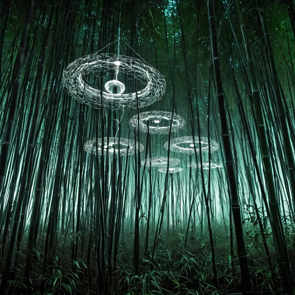 A dynamic, highspeed panning shot of a colossal, semitranslucent jellylike organism gliding through a dense, foggy bamboo forest at twilight. The creatures body is composed of layered, iridescent membranes that shift between electric teal and hot magenta as it moves, revealing a complex, glowing nervous system of fiberoptic strands pulsing with rhythmic bursts of soft white light. It is suspended midair by a swarm of tiny, geometric drones made of brushed aluminum and matte black plastic, which weave intricate patterns around the organism like a protective halo. The bamboo stalks are not green but a pale, bonewhite, with a rough, textured surface that contrasts sharply with the smooth, wet sheen of the creature. Mist cl