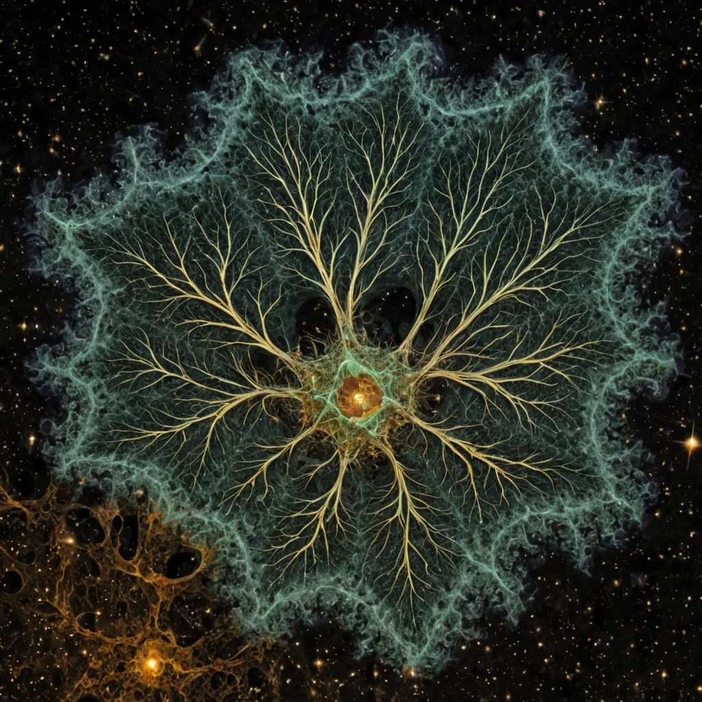 A single, selfilluminating fractal of reversed entropy, shaped like a 5,431dimensional tesseract of unformed decay and inverted dissolution, hovers at the center of a vast, inverted nebula of solidified renewaleach star carved from the exact moment between a seed germinating and its refusal to sprout, a leaf unfurling and dissolving into nonorganic mist, a pulse of growth collapsing into pure, unmeasured stasis. The fractal does not disintegrateit undissolves, each branching node shedding a layer of biological potential that never coalesced into life, reforming into ephemeral, emeraldveined afterimages shaped like the negative space between two roots that
