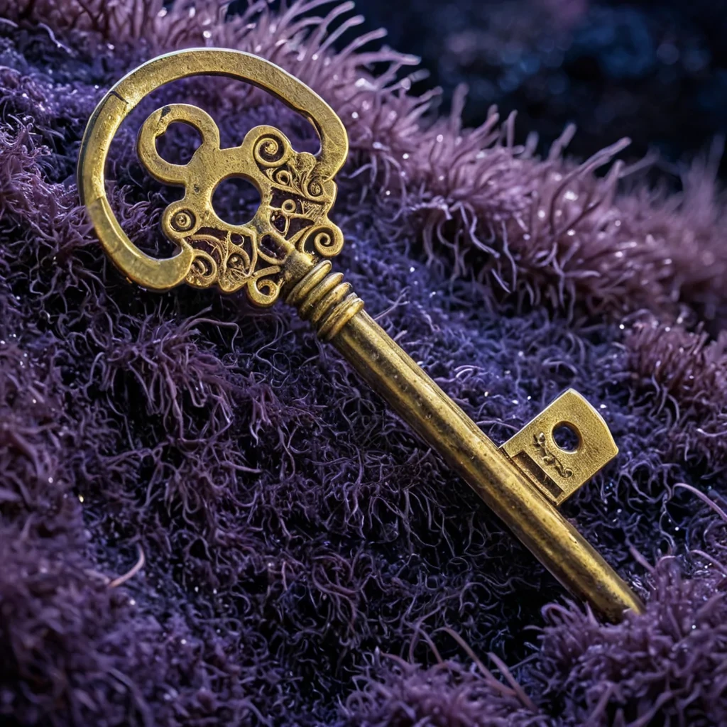 A hyperrealistic, tight macro shot of a solitary, ancientlooking key made of translucent, smoked amethyst crystal, resting on a bed of soft, velvety purple moss. The key is not metallic but organic in its curvature, with the bow resembling a delicate, frozen wave. Intricate, microscopic gears and cogs, etched into the crystal itself, are visible within the shaft, appearing to slowly rotate in a slow, hypnotic cycle. Surrounding the key, the moss is interspersed with tiny, glowing spores of pale gold light, floating in a gentle, upward drift. The background is a soft, outoffocus gradient of deep indigo and midnight blue, creating a sense of infinite depth. The lighting is