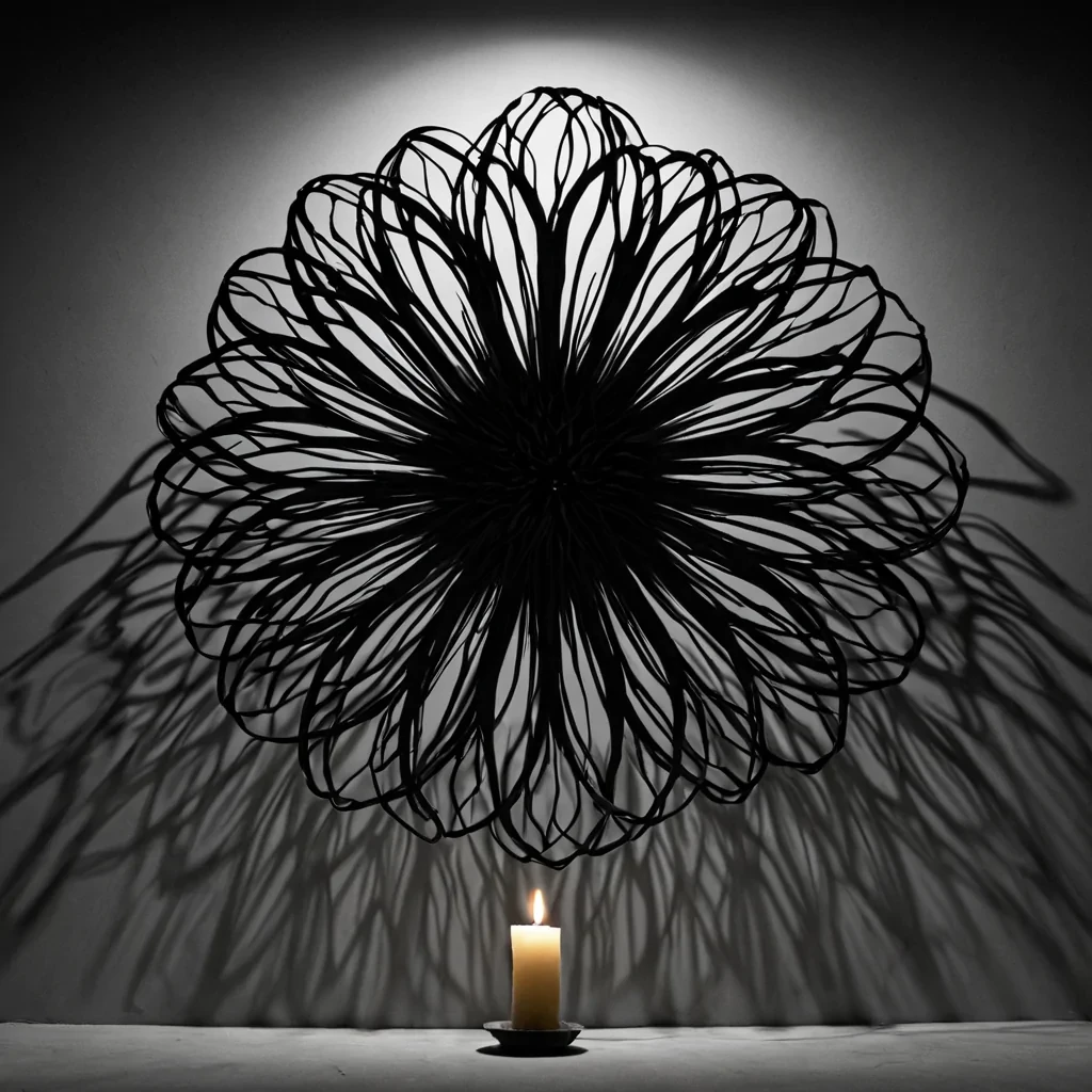 A single, selfresonating cluster of reversed shadow, shaped like a 13,709dimensional bloom of unformed darkness and inverted depth, pulses at the center of a vast, inverted forest of solidified light. Each petal is woven from the exact moment between a silhouette forming on a wall and its refusal to cohere, a candle flickering in the dark and dissolving into nonillumination, a gaze fixed on a distant figure and collapsing into pure, unmeasured nonpresence. The bloom does not absorb lightit unabsorbs it, each fraying edge shedding a layer of occlusion potential that never coalesced into form, narrative, or the weight of being seen, reforming into ephem