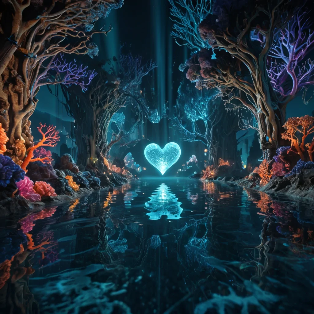 Photorealistic, titanic, coraline, coral reef metropolis, its hyperrealistic, 4K, intricate, branching structures revealing ultra HD, bioluminescent, cybernetic ecosystems within. Volumetric lighting from unseen, pulsating, cybernetic hearts etches the metropolis ethereal, fractal architecture, casting intricate, dynamic, bioluminescent shadows on the inverted, reflective void. Cinematic lighting bathes the scene in vibrant, otherworldly hues, with lens flare emphasizing the metropolis central, radiant, throbbing, coraline heart, pulsating with captive, artificial, cybernetic energy.