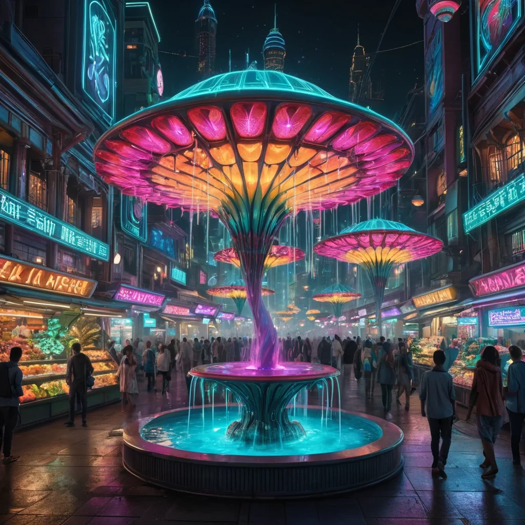 A hyperrealistic, 4K, ultra HD depiction of a vibrant, retrofuturistic marketplace in the heart of a bustling alien metropolis. The markets colorful, geometric stalls and neon signs are etched with intricate, alien symbols that shimmer in a kaleidoscope of vibrant hues. Volumetric lighting from the pulsating, bioluminescent plants casts a mesmerizing glow on the diverse array of alien vendors and patrons, each with unique, otherworldly features. Photorealistic, zerogravity fruit formations drift in a surreal dance above the shimmering, crystalline canals that wind through the market. In the heart of the marketplace, a towering, art deco water fountain spouts ethereal, luminescent liquid.