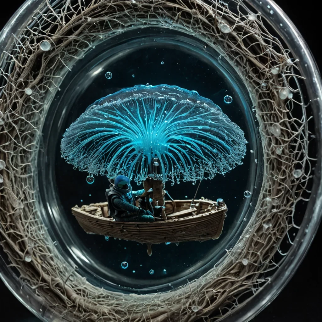 A hyperrealistic, vertical closeup of a singular, massive, translucent fungal cap that acts as a window into a microscopic civilization. The cap is composed of rigid, clear acryliclike mycelium, revealing an intricate interior network of glowing, electric blue capillaries pumping viscous, silver fluid. Inside the hollow center of the cap, a tiny, ultradetailed figure wearing a suit of woven, iridescent beetleshell armor is riding a miniature, mechanical skiff propelled by a propeller of spun spider silk. The skiff cuts through the silver fluid, creating a turbulent wake of tiny, luminescent bubbles. The lighting is bioluminescent and cool, with sharp reflections on the wet, inner surface of the cap.