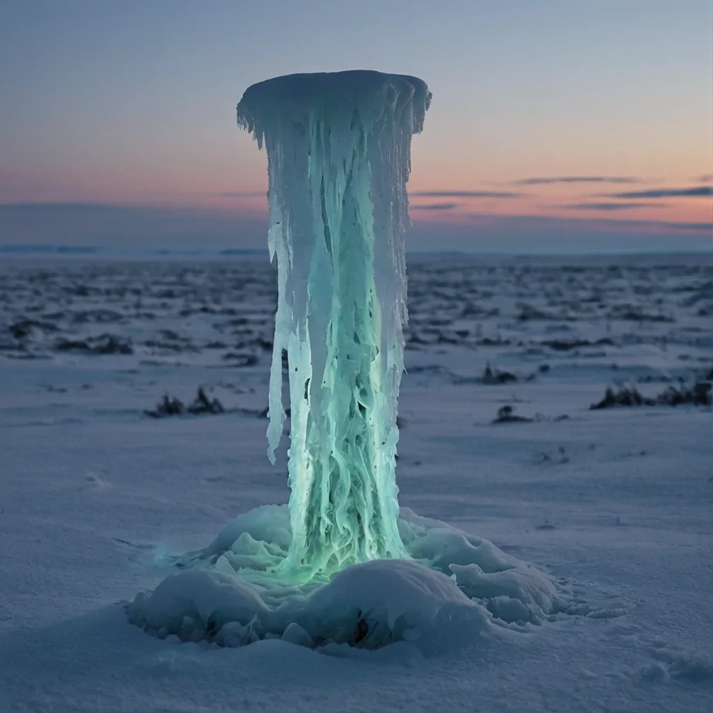 A single, selferoding column of translucent, bioluminescent mycelium rises from the center of a vast, still tundra composed entirely of frozen, unspoken lullabies from a civilization that communicated through the vibration of uncradled infants. The column does not growit dissolves upward, each layer peeling away like a forgotten memory, revealing a hollow core shaped like the negative space between two arms that never cradled a sleeping child, its surface pulsing with the faint, infrasonic afterimage of a heartbeat that never slowed. The tundra is not iceit is a layered expanse of petrified breaths from a thousand unsung lullabies, each ridge etched with the emotional residue of