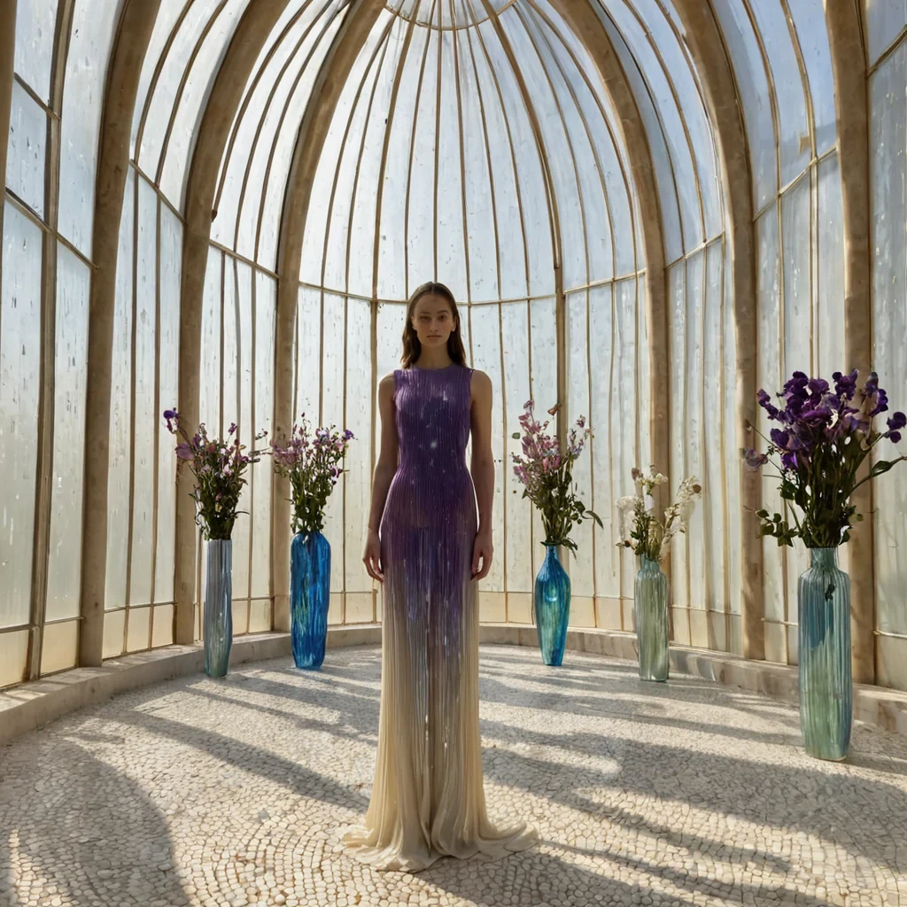 A vertical, eyelevel wide shot of a serene, sundrenched greenhouse constructed entirely from seamless, curved sheets of frosted alabaster, where the interior air is thick with suspended, iridescent pollen that catches the light like tiny stars. The floor is a mosaic of irregular, polished limestone tiles in varying shades of cream and beige, interspersed with shallow channels of flowing, crystalclear water. Lining the curved walls are rows of tall, slender, copperplated vases, each holding a single, oversized flower with petals made of layered, translucent silk that shifts in color from deep violet to electric blue as it moves. In the center, a figure wearing a minimalist, sleeveless tunic woven from raw, unbleached