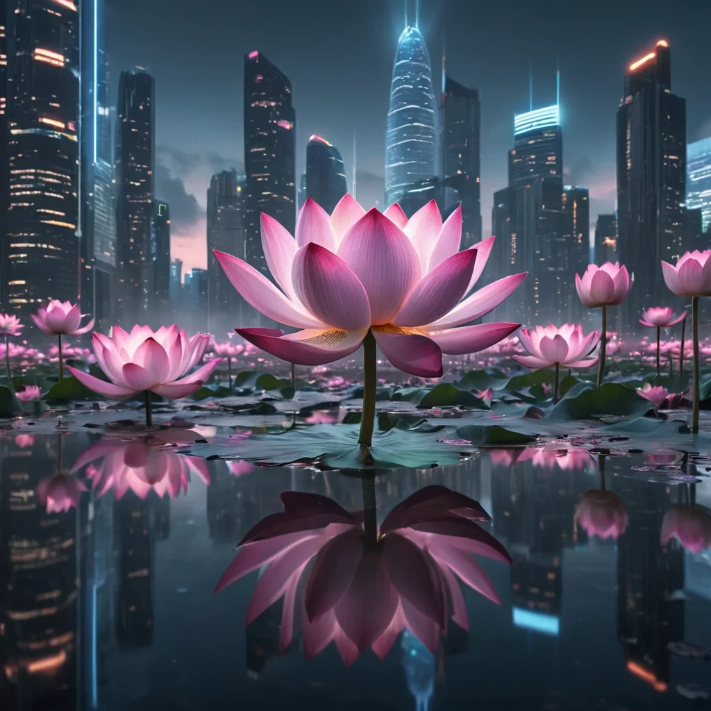 Photorealistic, levitating lotus blossom, its petals unfurling to reveal a microcosmic cityscape of hyperrealistic, neonlit cyberpunk towers, reflected in the ultra HD, mirrored surface of an infinite void. Volumetric lighting casts dramatic shadows, while atmospheric effects create a misty, ethereal atmosphere. Dynamic lighting dances on the citys skyscrapers, casting a soft focus on the distant horizon, with lens flare accentuating the blossoms central, luminescent stigma.