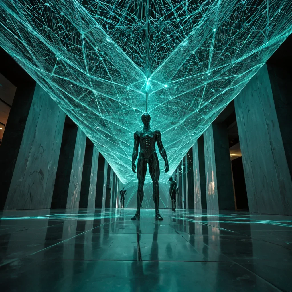 A hyperrealistic, lowangle perspective from beneath a colossal, suspended ceiling of woven, translucent spider silk that glows with a soft, internal teal luminescence. The silk is not empty it is densely populated by thousands of tiny, geometric glass prisms, each cut into a perfect dodecahedron, refracting the teal light into sharp, angular beams that slice through the cool, misty air below. Below this luminous canopy, a vast, silent floor of polished, dark slate is visible, reflecting the prismatic beams with high clarity. Standing in the center of the reflection is a single, elongated, metallic statue of a figure in midstride, made of raw, brushed bronze, its surface textured with fine