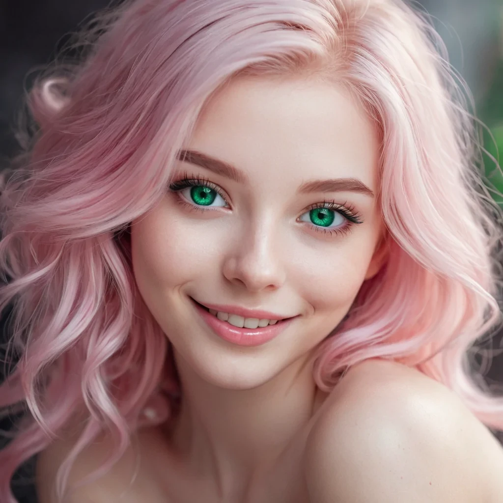Girl with attractive emerald eyes, a beautiful and hypnotic smile, white and soft skin, shiny pink hair, with an atmosphere of magic and Love.