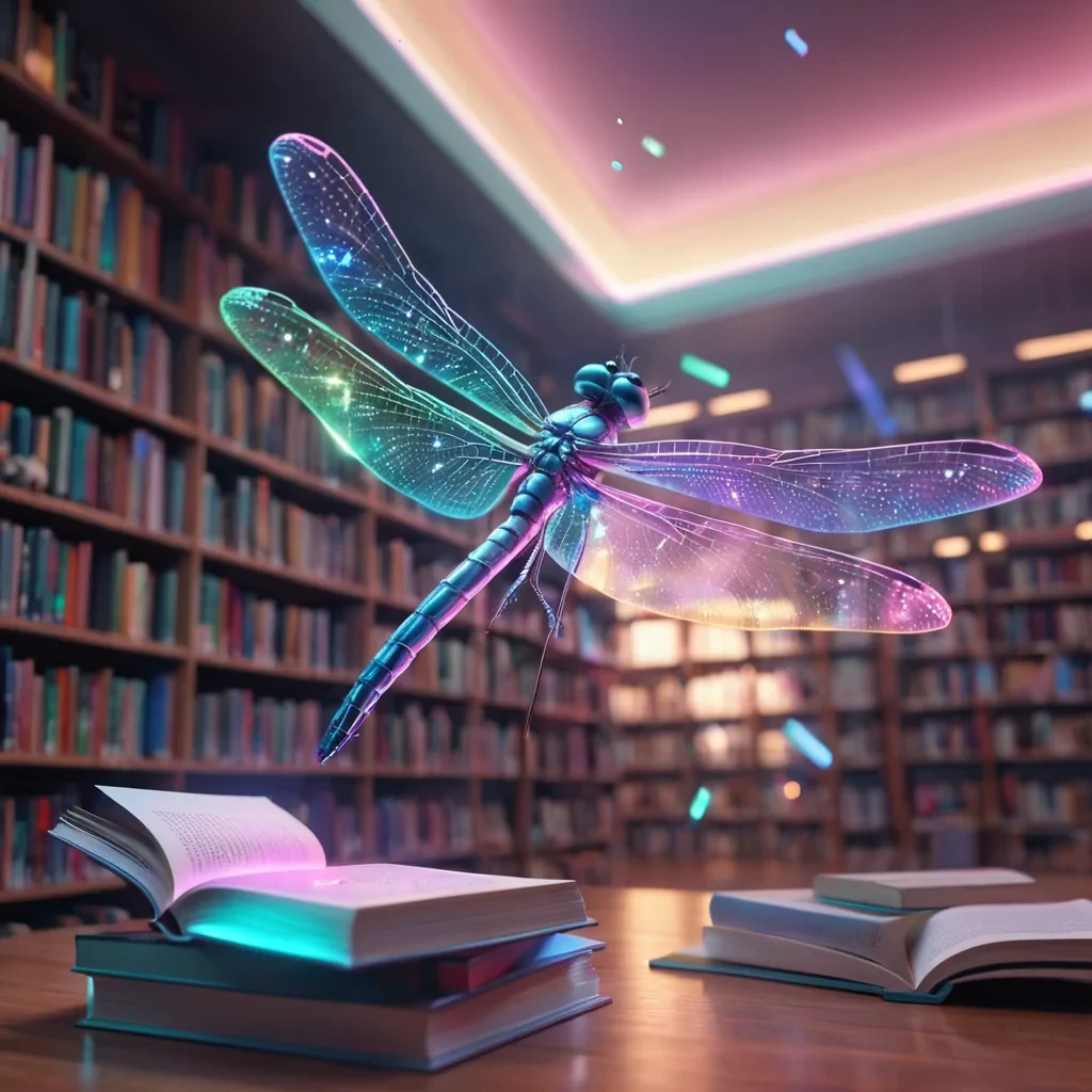 Hyperrealistic neon dragonfly with iridescent wings, hovering in a dreamlike, hypermodern library filled with floating holographic books, pastel tones with dynamic lighting, soft focus on its delicate, luminous antennae, vibrant colors, 4K resolution, lens flare dancing around its ethereal form.