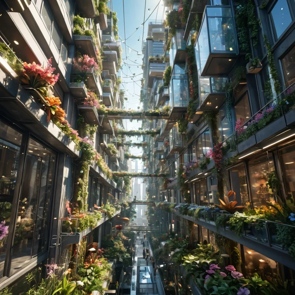 A bustling, vertical cityscape where buildings are interconnected by transparent, suspended walkways, and gravitydefying gardens bloom with luminescent flora, hyperrealistic, 4K, cinematic lighting, volumetric lighting, atmospheric effects, dynamic lighting, lens flare, vibrant colors, detailed textures.