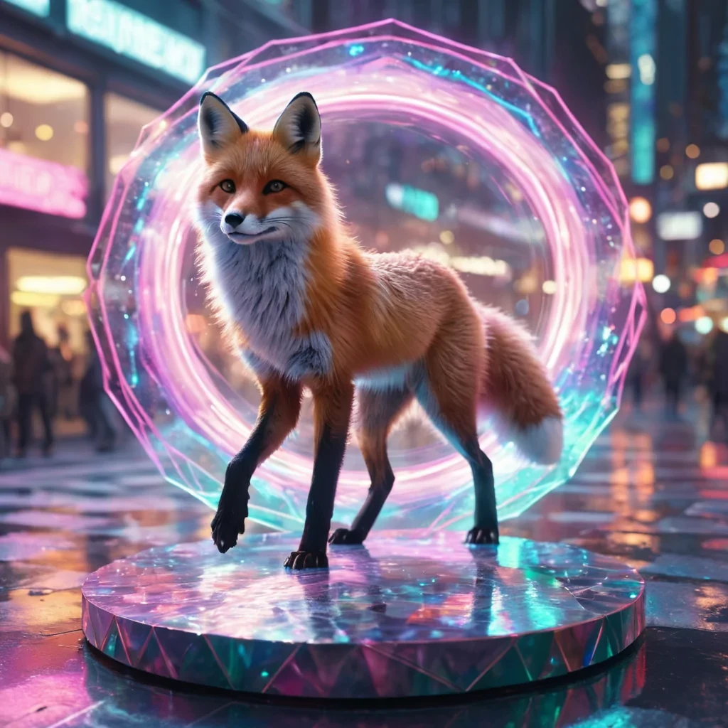 Hyperrealistic neon fox with iridescent fur, dancing on a floating, geometric platform of reflective, swirling pastel octagons, dynamic lighting with volumetric beams, soft focus on its playful, luminescent body, vibrant colors, 4K resolution, lens flare shimmering around its ethereal form in a surreal, futuristic urban landscape.