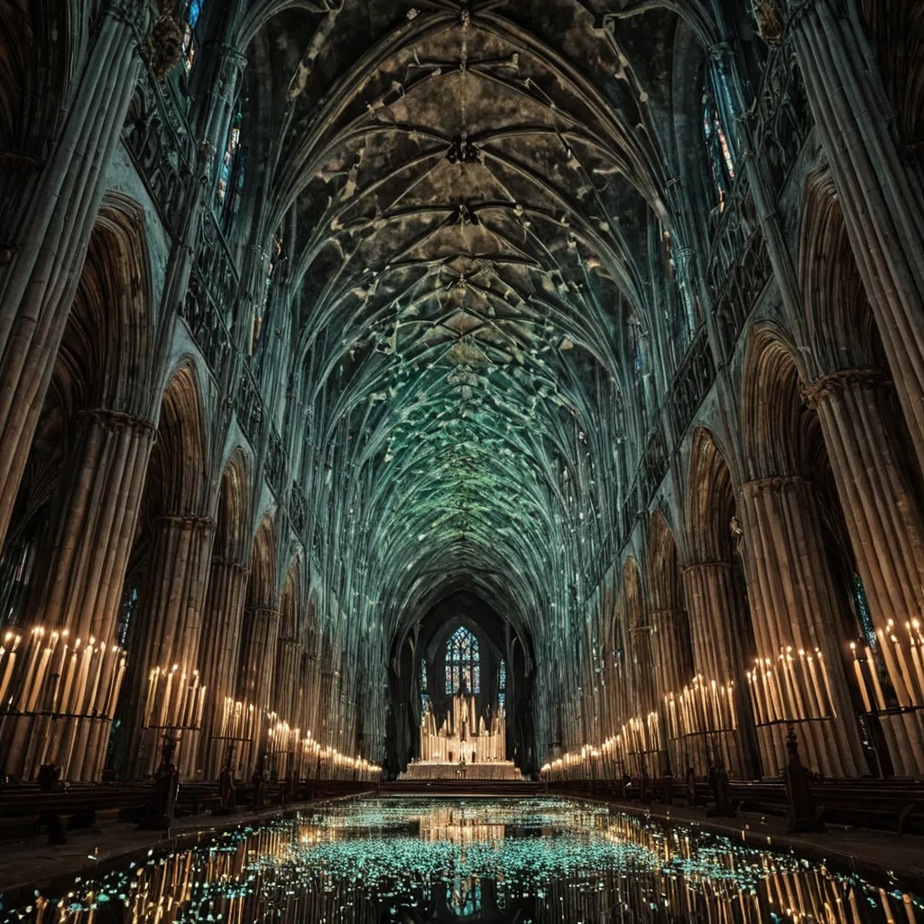 A single, selfpropagating swarm of bioluminescent dust motes drifts through the center of a floating, inverted cathedral built from the fused remnants of a thousand unlit candles that never burned, its structure not stone or marble but woven from the thermal inertia of a single, unspoken lullaby sung into the void. The swarm does not floatit pulses, expanding and contracting in rhythm with the slow, subsonic heartbeat of a forgotten planet, absorbing the ambient resonance of a world that forgot how to sleep. The cathedrals vaulted ceiling is not archedit is a fractured mirror of petrified dreams, each crack etched with the chromatic afterimage of a face that never smiled, its surface reflecting not light