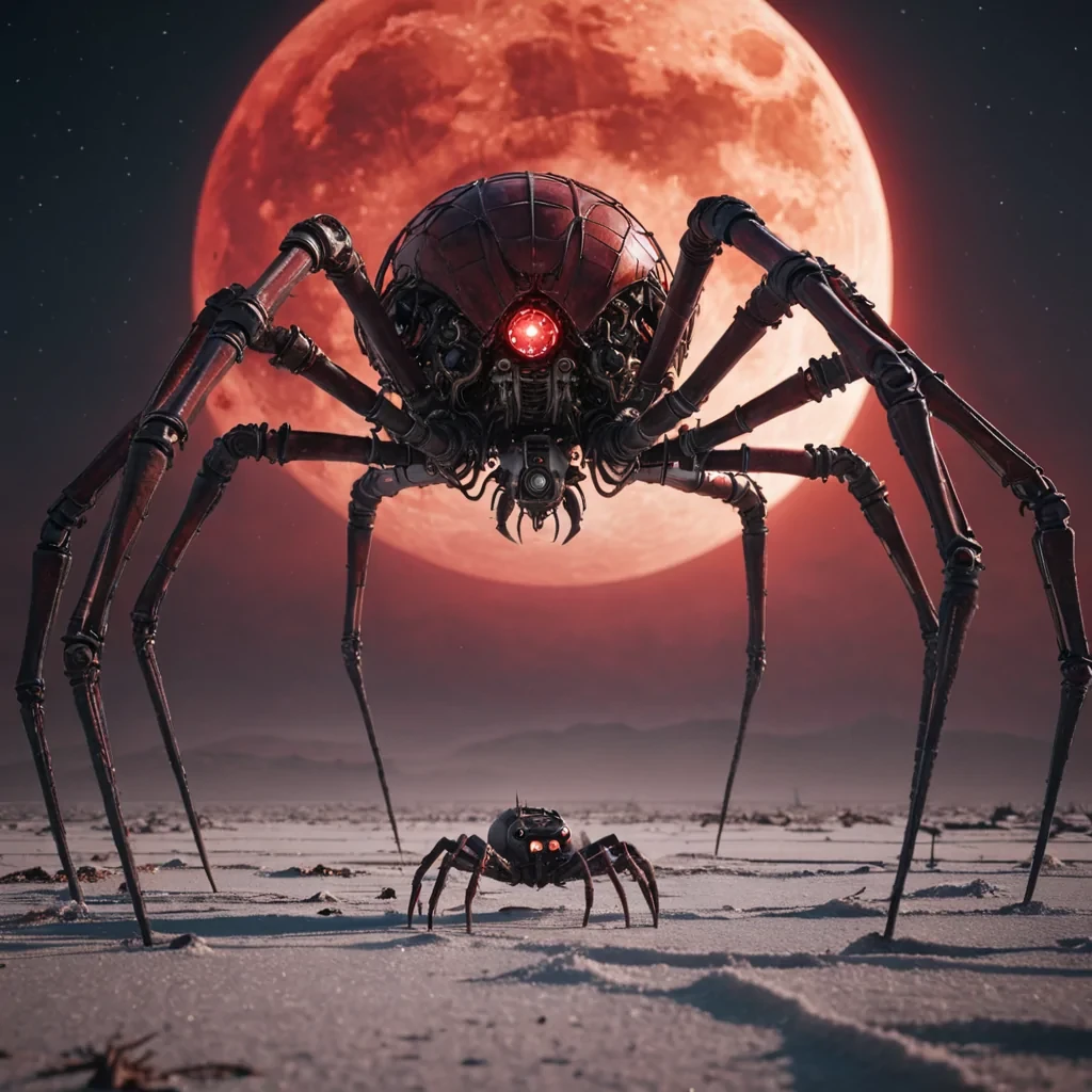 A gigantic, mechanical spider scuttling across a vast, barren salt flat under a bloodred moon, hyperrealistic, 4K, cinematic lighting, volumetric lighting, atmospheric effects, dynamic lighting, bokeh effect, detailed textures.
