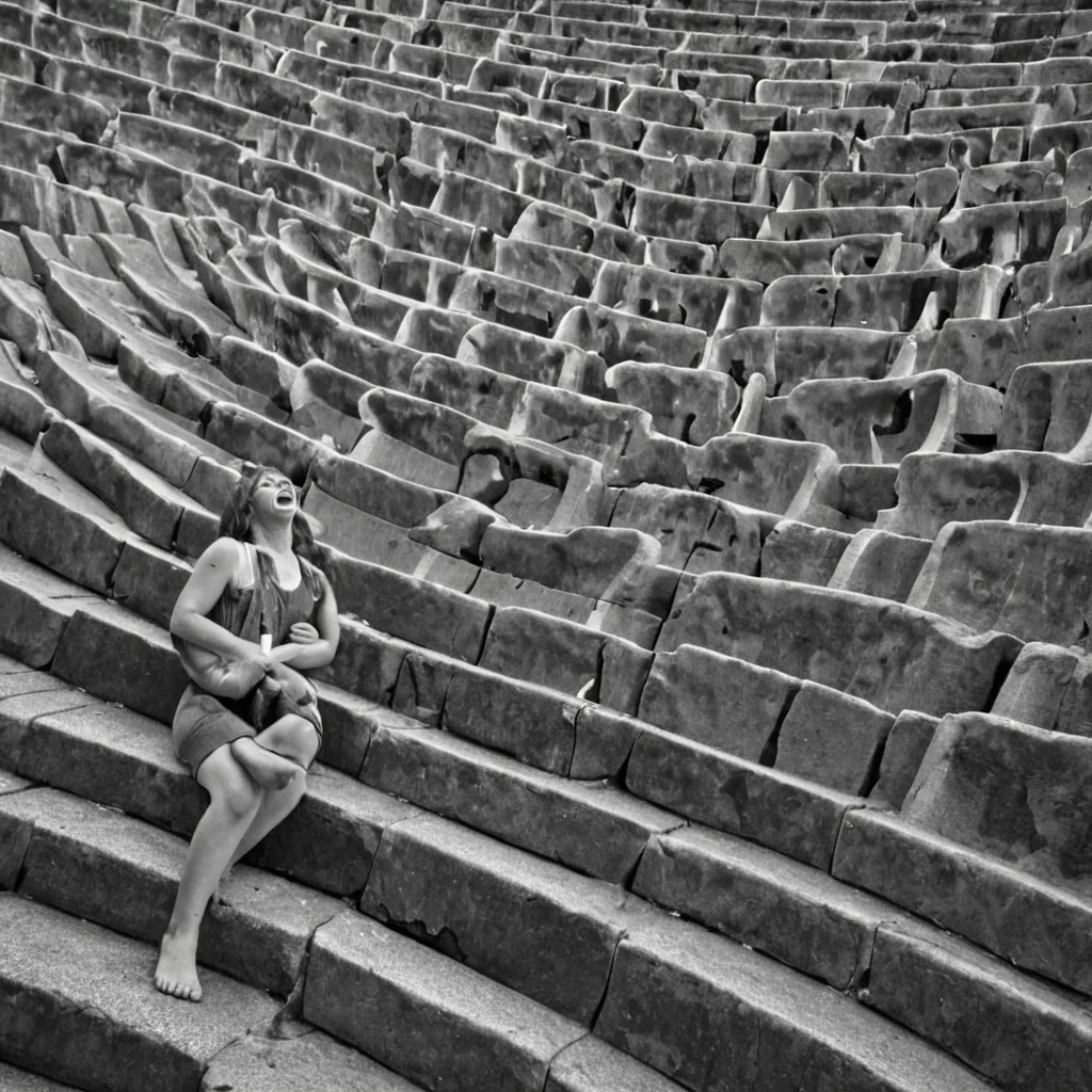 A single, selfechoing cascade of reversed laughter, shaped like a 9,003dimensional ripple of unformed joy and inverted mirth, fractures through the center of a vast, inverted amphitheater of solidified silence  each seat carved from the exact moment between a smile forming and its refusal to spread, a joke whispered and dissolving into nonverbal stillness, a childs giggle syncing with a distant chime and collapsing into pure, unmeasured quiet. The cascade does not amplify sound  it unamplifies it, each shimmering wavelet shedding a layer of emotional potential that never coalesced into shared delight, reforming into ephemeral, rosequartzthreaded afterimages shaped like the