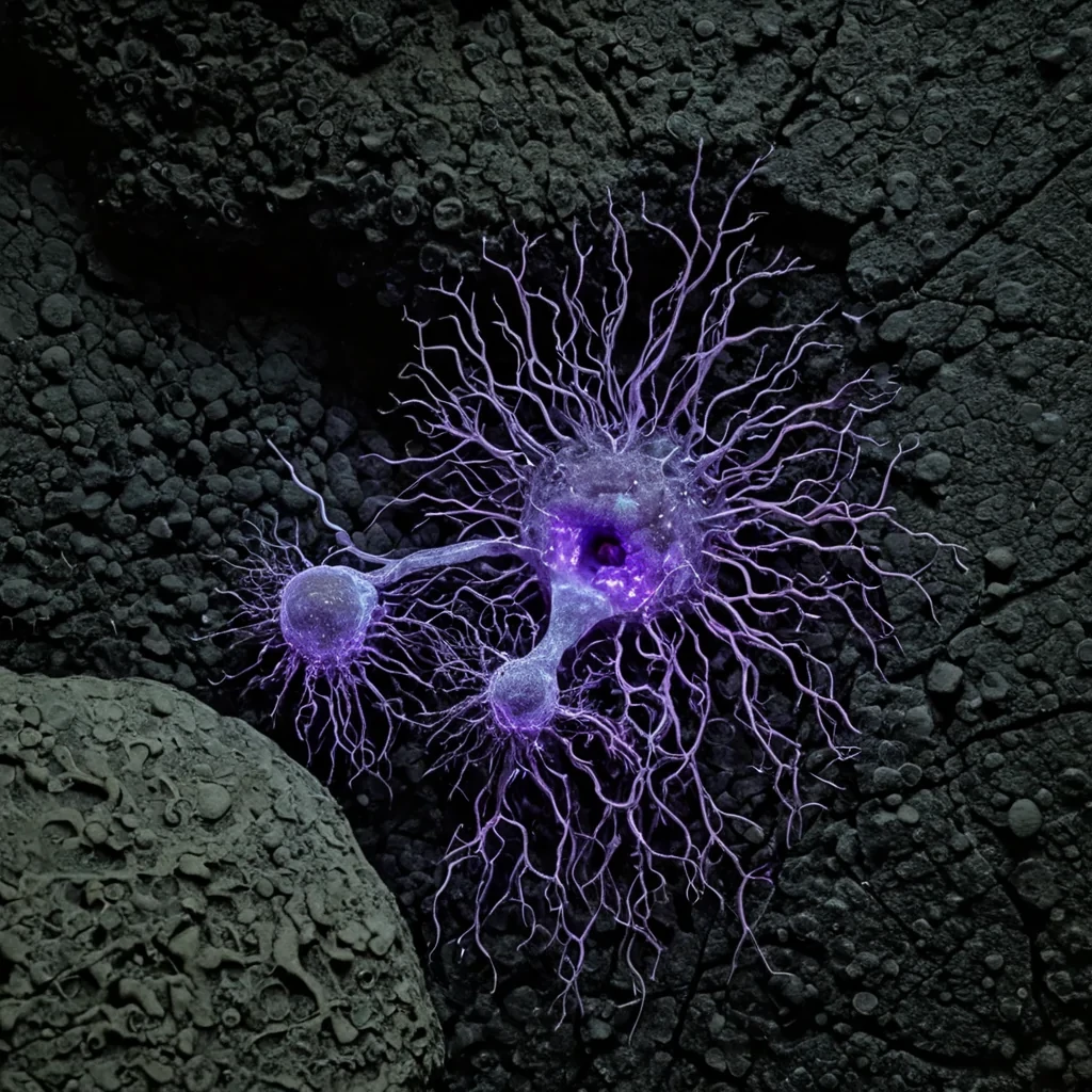 A horizontal, extreme closeup of a sprawling, organic interface where a thick, translucent nerve bundle emerges from a cracked, porous basalt floor, merging seamlessly with a dense network of glowing, pulsating fungal mycelia in shades of electric violet and bioluminescent green. The nerve fibers are not static but are actively transmitting visible, rhythmic pulses of light that travel outward into the fungal network, causing tiny, spherical spores suspended in the humid air to vibrate in synchronized waves. The texture of the stone is rough and jagged, contrasting with the smooth, wet sheen of the organic matter, while the background fades into a deep, shadowy void filled with fine, drifting particulate matter that catches the cool, ethereal light