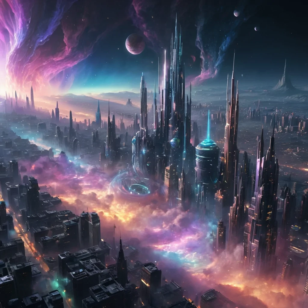An opalescent, floating cityscape, suspended in a nebula of swirling, iridescent gases. Towering, spiraling structures of gleaming, alien metal reflect the pulsating, otherworldly hues of the cosmic environment. A lone, sentient, mechanical entity, its form a harmonious blend of organic and synthetic, drifts through the city, casting dynamic, ethereal shadows. Ultra HD, cinematic volumetric lighting, atmospheric lens flare, vibrant cosmic colors.