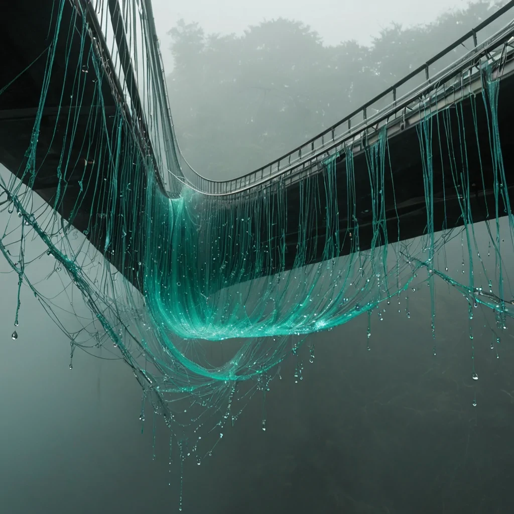 A hyperrealistic, vertical panoramic shot of a colossal, suspended bridge made of woven, translucent, iridescent spider silk, spanning a chasm of slowmoving, viscous, deep teal liquid that glows with a soft, internal bioluminescence. The bridge is not rigid but flexible, swaying gently in an unseen wind, with individual strands catching the light to reveal intricate, microscopic geometric patterns within the fiber structure. Hanging from the underside of the bridge are dozens of perfect, spherical droplets of clear, solidified resin, each containing a trapped, swirling vortex of golden dust and tiny, floating shards of polished jade. The background is a dense, foggy atmosphere of pale, misty gray, with faint, distant outlines of