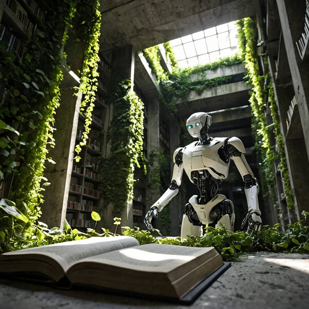 A lowangle, hyperrealistic shot inside a cavernous, brutalist concrete library where the architecture has been overtaken by dense, vertical gardens of moss and trailing ivy. Sunlight streams through high, narrow clerestory windows, casting sharp, geometric beams of dustmoted light that illuminate floating, translucent data crystals hovering at eye level. In the foreground, a sleek, white robotic assistant with a smooth, matte finish gently holds a open, ancient leatherbound book, its metallic fingers contrasting with the rough, organic textures of the surrounding foliage. The scene is rendered with extreme depth of field, keeping the robot and book in sharp focus while the background dissolves into a soft, atmospheric blur of greenery and stone. The color palette is