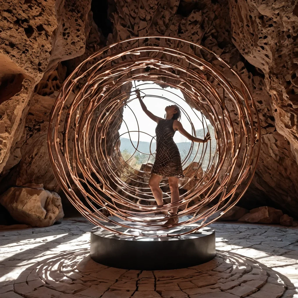 A horizontal, eyelevel wide shot of a kinetic sculpture garden suspended within a colossal, hollowedout geode cavern, where the walls are lined with jagged, iridescent amethyst crystals that refract a steady beam of sunlight from a single aperture above. The center of the cavern features a massive, intricate mobile constructed from interlocking rings of polished rose gold, matte charcoal steel, and translucent smoked glass, all rotating at different speeds and axes to create complex, shifting geometric shadows on the crystalline floor. In the foreground, a sculptor with skin resembling warm, terracotta clay and wearing a loose, sleeveless tunic of woven hemp fabric stands on a low, circular pedestal of smooth river stone. They are using a long,