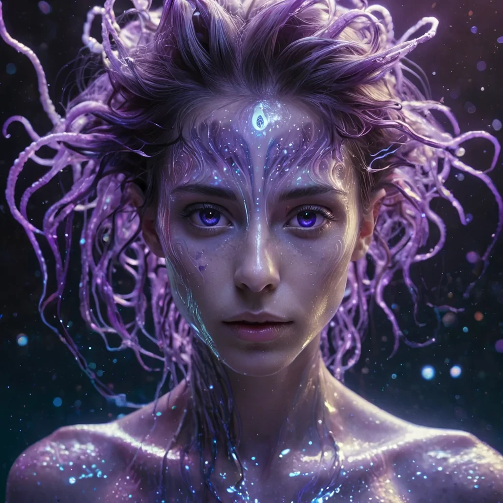 A hyperrealistic, 4K, ultra HD portrait of an androgynous, ethereal being with iridescent skin that shimmers like liquid mercury. The beings eyes, a deep, hypnotic violet, seem to swirl with galaxies of their own. Their hair, a cascade of bioluminescent tendrils, gently pulses with an otherworldly glow. The background is a surreal, underwater landscape of vibrant coral reefs and bioluminescent creatures, with shafts of ethereal light filtering through the waters surface. Cinematic lighting accentuates the beings otherworldly features, while a soft focus blurs the alien aquatic surroundings, creating an enchanting atmosphere.