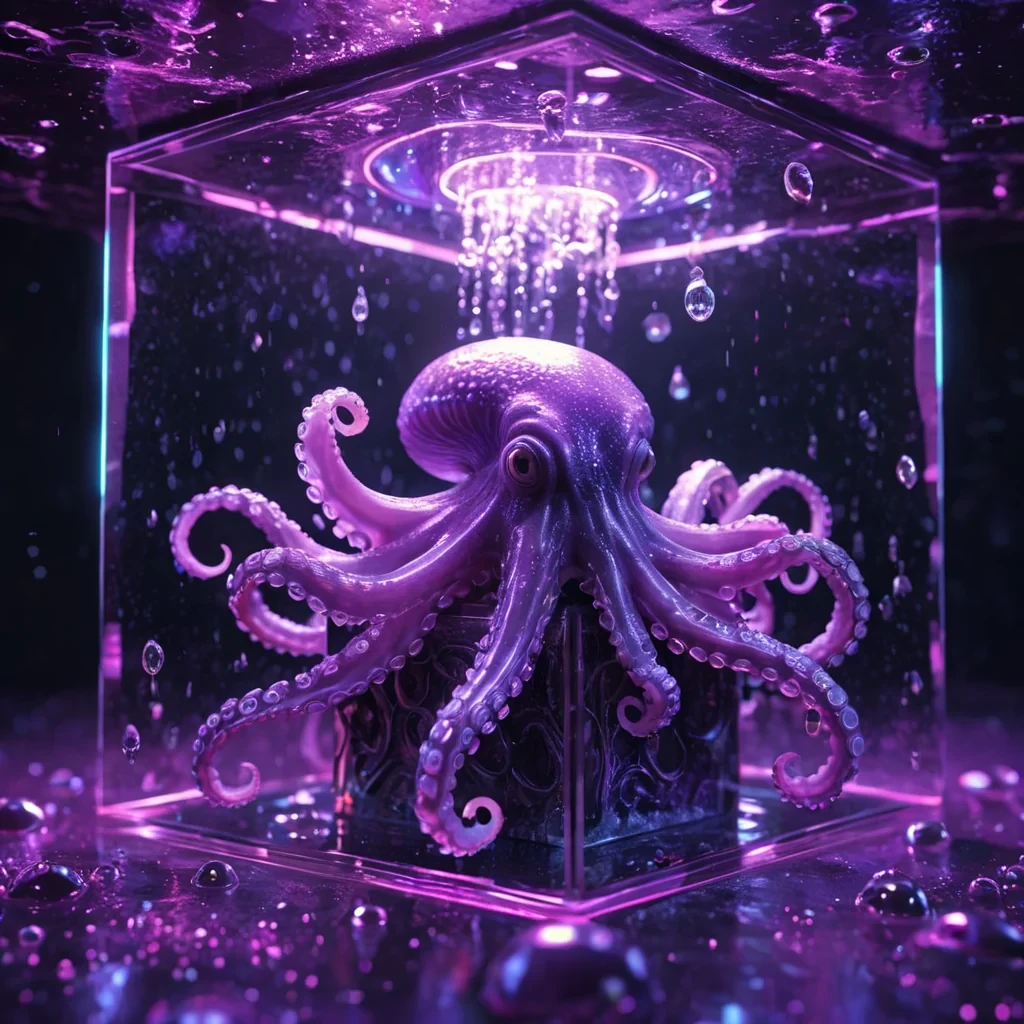 Hyperrealistic neon octopuses with reflective metallic tentacles playing in a cubic amethyst chamber filled with glowing quantum droplets, holographic spirals twisting in volumetric lighting, soft focus, vibrant colors, 4K