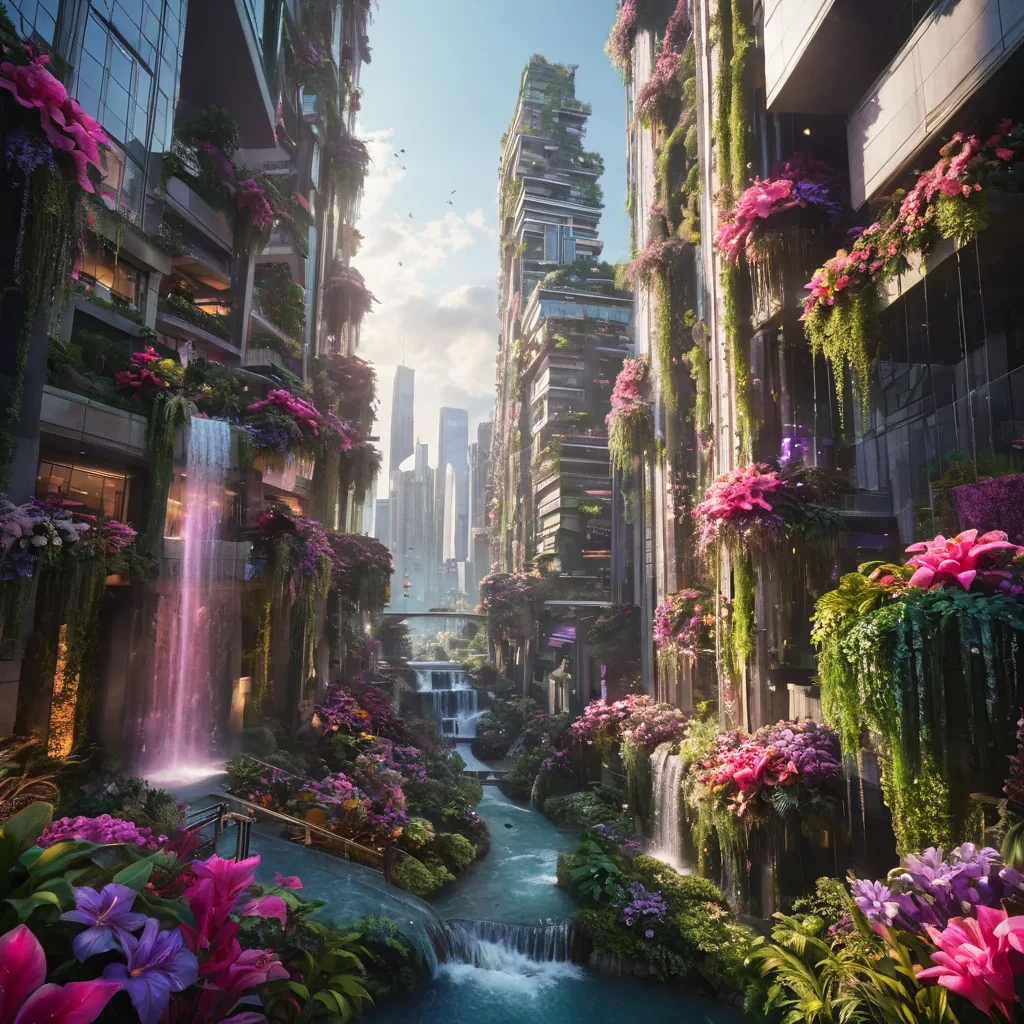 A bustling, vertical city where skyscrapers are interconnected by lush, hanging gardens filled with vibrant flowers and cascading waterfalls, hyperrealistic, ultra HD, cinematic lighting, volumetric lighting, atmospheric effects, dynamic lighting, bokeh effect, soft focus, lens flare, vivid purples, bright pinks, and lush greens, detailed textures.