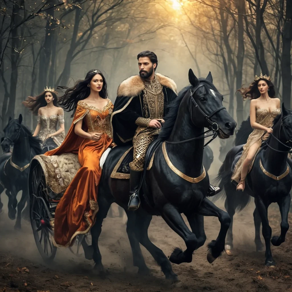 A dark haired handsome king with a beard riding shining black horses along with beautiful women. They are chasing a fox