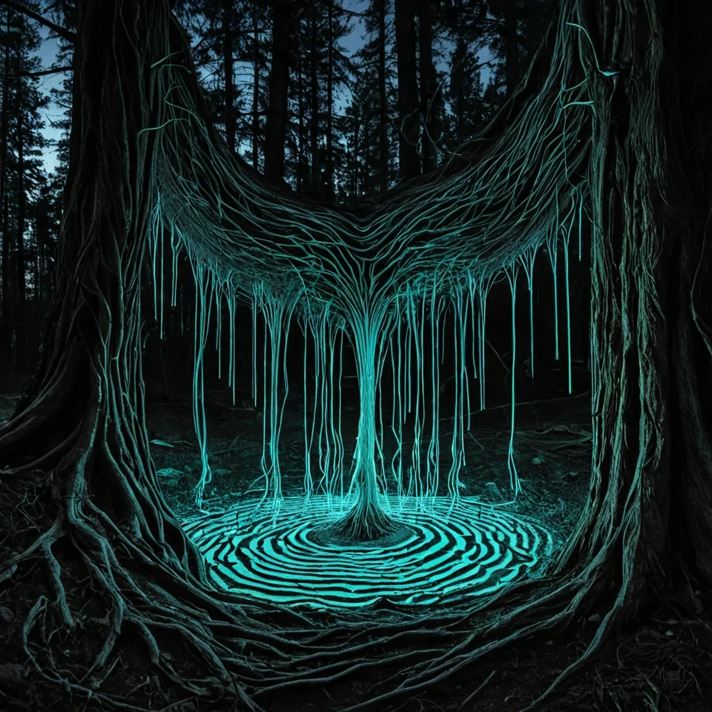 A labyrinthine network of selfrepairing, bioluminescent roots spreads beneath the surface of a planet made entirely of solidified soundwaves, each root glowing with a different frequency of forgotten music. The roots form intricate, pulsating tunnels that shift in shape with every note played in the atmosphere, their surfaces etched with the spectral fingerprints of extinct symphonies. Above ground, a forest of hollow, crystalline trees stands in perfect silence, their trunks carved from compressed silence and their branches shaped like frozen wind chimes. At the heart of the forest, a single, perfect tuning fork made of solidified moonlight vibrates at the frequency of universal harmony, emitting ripples that cause the roots to glow brighter and the trees to