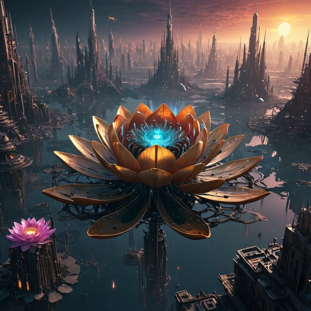 A colossal, ancient, mechanical lotus, its metallic petals unfurling to reveal a labyrinthine, neonlit city within, blooms from the heart of a vast, undulating, obsidian plain. Suspended within the lotus stamen, a holographic, sentient, mechanical swarm of dragonflies dances, casting ephemeral shadows on the citys inhabitants sentient, robotic, reptilian creatures. Rendered in ultra HD, with volumetric lighting, atmospheric effects, and vibrant colors, evoking a sense of surreal, otherworldly wonder.