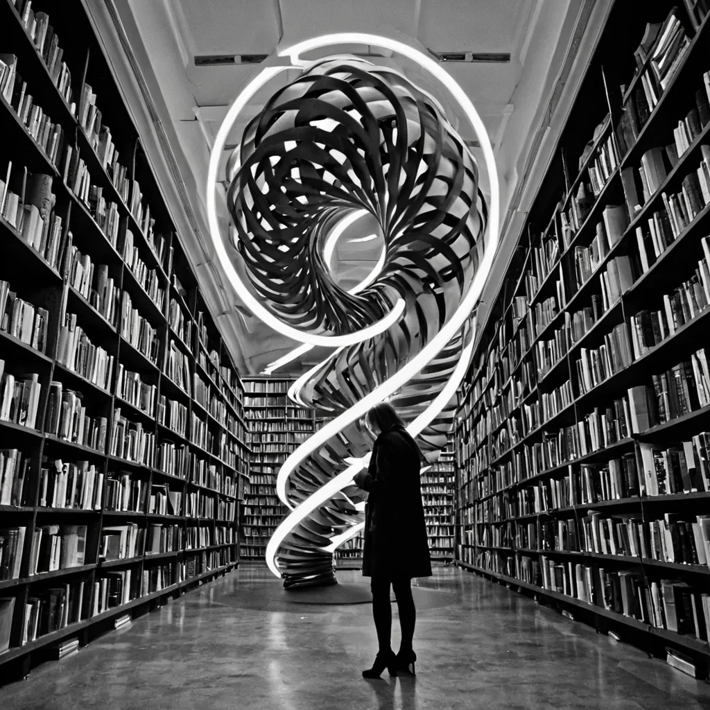 A single, selfilluminating filament of solidified silence, shaped like a spiraling, nonreflective helix of reversed resonance, pulses at the center of a vast, suspended library where the books are not bound in leather or paper, but in the compressed, unspoken words of a civilization that communicated through the duration of mutual breathholding. The filament does not glowit unwhispers, each twist dissolving a layer of language that never coalesced, reforming into ephemeral, monochrome pages shaped like the negative space between two lips that never formed the same syllable in the same moment of shared hesitation. The library is not literaryit is a layered expanse of petrified intention, each shelf etched