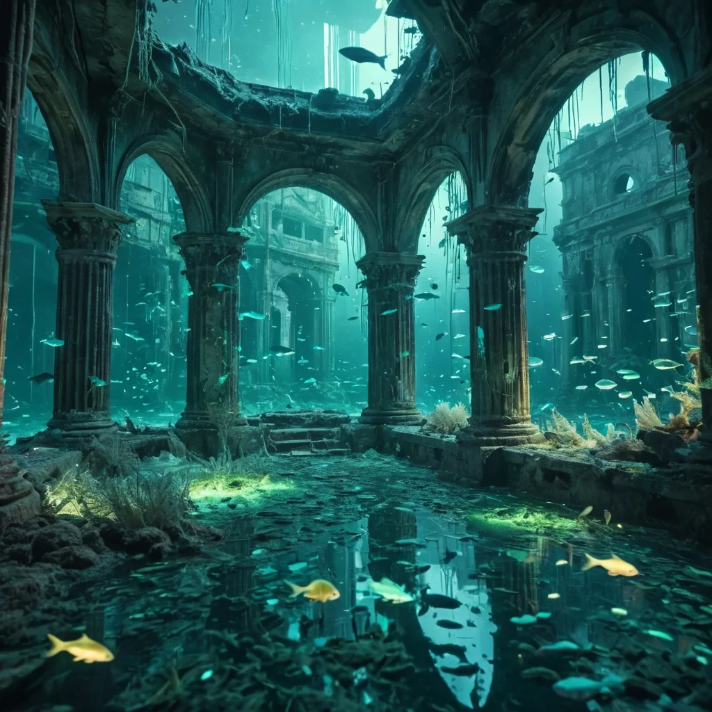 A vast, abandoned underwater city is slowly being reclaimed by bioluminescent algae, casting an ethereal glow through shattered windows, while schools of iridescent fish weave through the ruins, hyperrealistic, 4K, cinematic lighting, volumetric lighting, atmospheric effects, bokeh effect, soft focus, pastel tones, detailed textures.