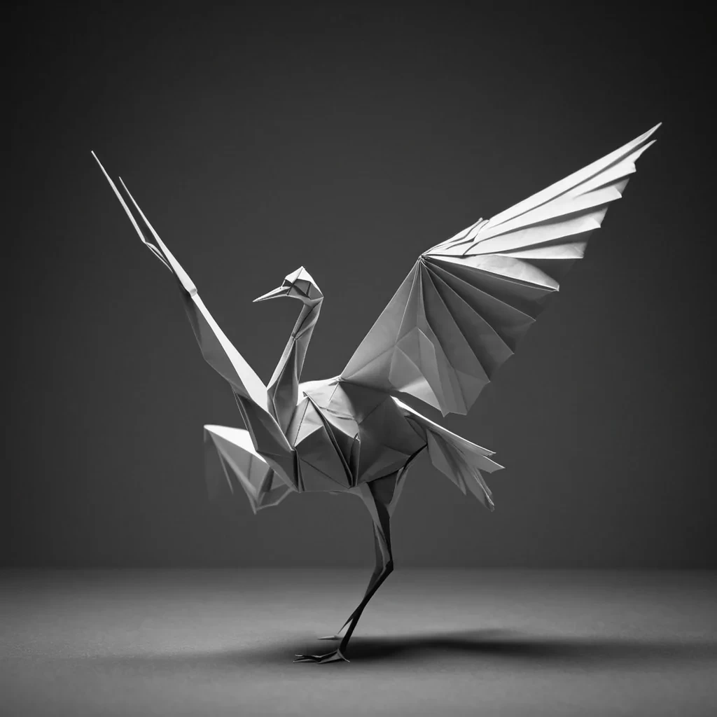 A hyperrealistic, 4K portrait of a sentient, levitating origami crane, its intricate paper wings unfurling to reveal a delicate, glowing mechanism within, set against a stark, minimalist backdrop of endless, monochromatic void, with cinematic lighting casting dramatic shadows and emphasizing the intricate folds and creases, and a subtle, warm bokeh effect creating a sense of depth and isolation.
