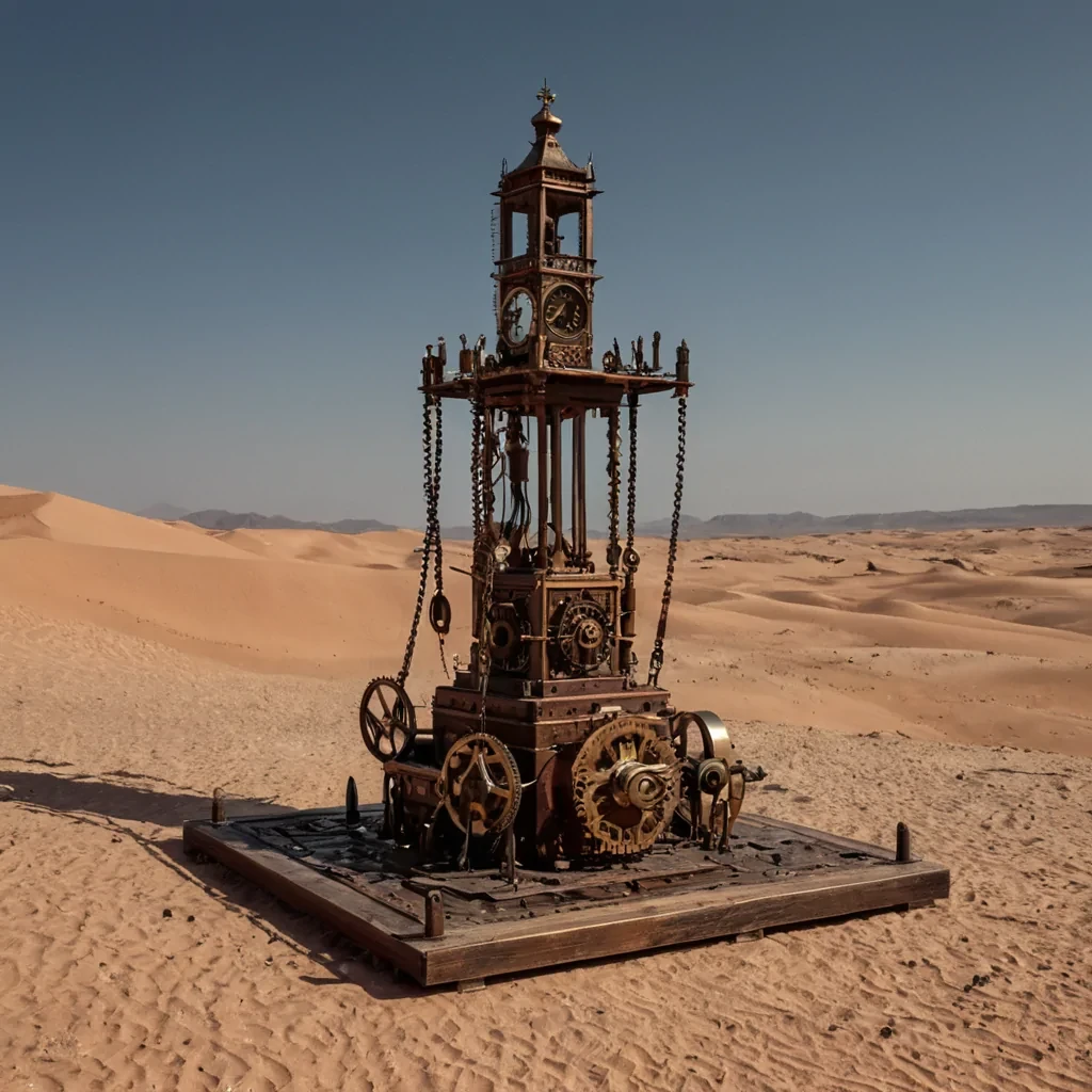 A horizontal, eyelevel wideangle shot of a vast, arid desert landscape where the sand dunes are composed of fine, metallic copper powder that shimmers with a warm, oxidized patina under the harsh, direct sunlight of a binary star system. In the center, a massive, ancient clocktower mechanism stands exposed, constructed from interlocking gears of polished brass, bronze, and rusted iron, with no enclosing walls, allowing the wind to pass through its intricate inner workings. In the foreground, a horologist with skin the color of sunbaked clay and wearing a tunic of coarse, ochrecolored wool draped with leather straps and hanging gearshaped pendants stands on a wooden platform. They are using a long, telescoping