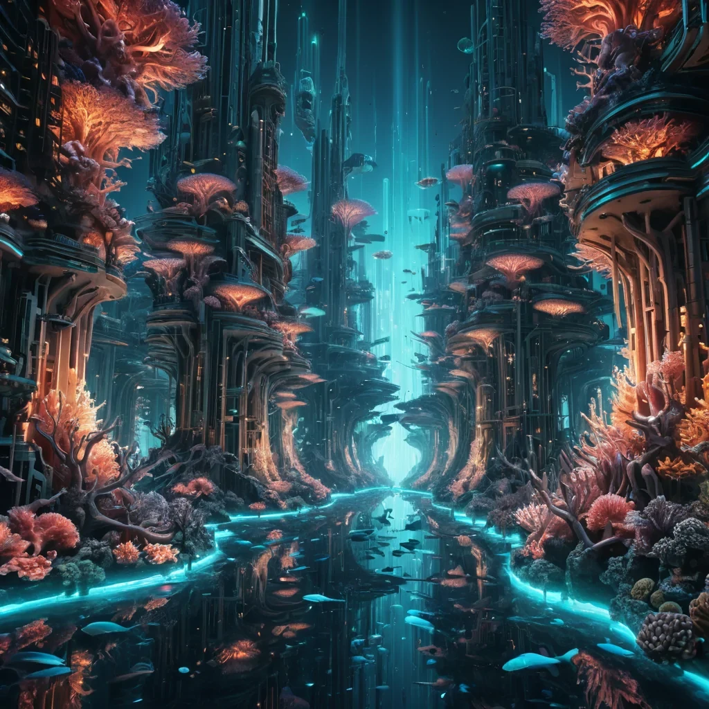 Photorealistic, colossal, opalescent, coral reef metropolis, its hyperrealistic, 4K, labyrinthine, branching structures revealing ultra HD glimpses of a pulsating, bioluminescent, cybernetic cityscape within. Volumetric lighting from unseen, pulsating, cybernetic cores etches the metropolis ethereal, fractal architecture, casting intricate, dynamic, neonswathed shadows on the inverted, reflective abyss. Cinematic lighting bathes the scene in vibrant, otherworldly hues, with lens flare emphasizing the metropolis central, radiant, throbbing, opalescent heart, pulsating with captive, artificial, cybernetic
