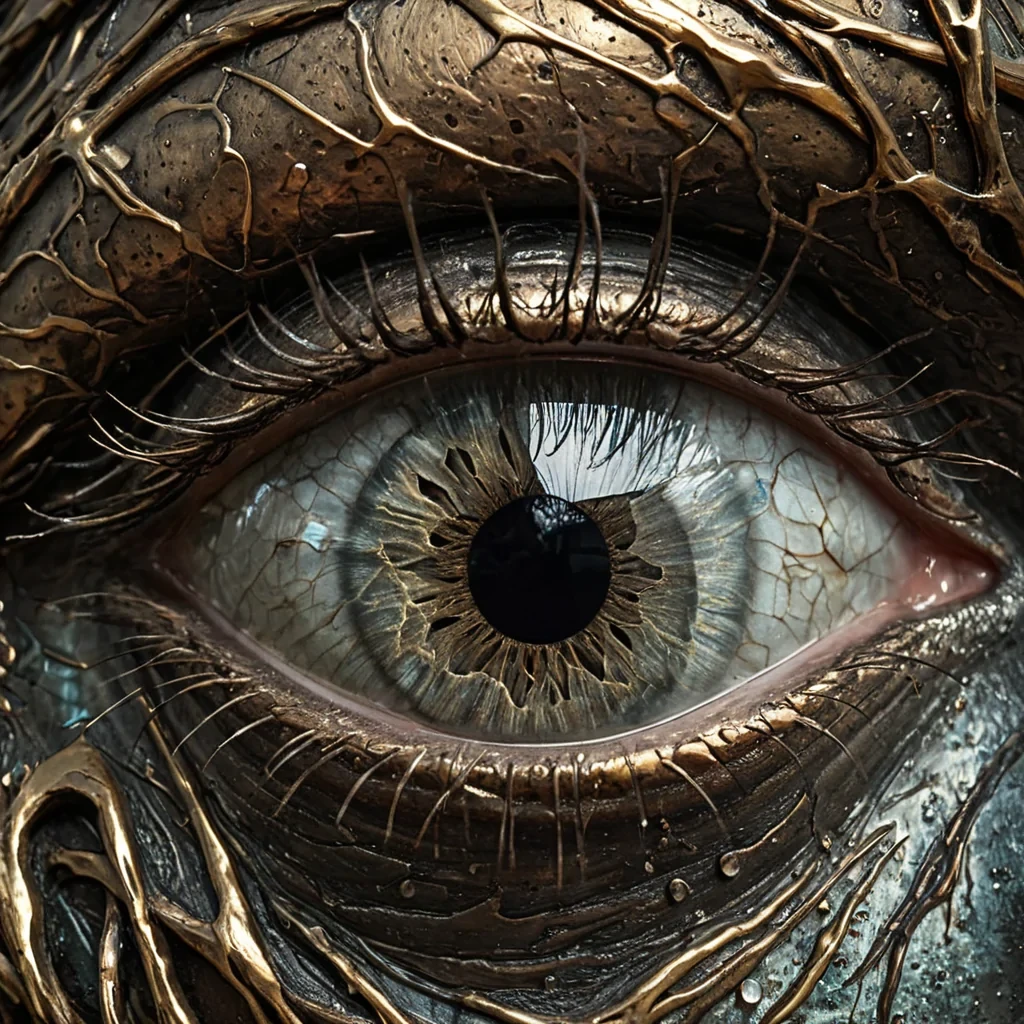 A hyperrealistic, closeup, macrophotographic shot of a singular, oversized human eye resting on a rough, weathered surface of raw, oxidized bronze. The iris is not a natural color but a complex, fractal pattern of shifting, iridescent oil slicks that rotate slowly, revealing hidden geometric symbols within the pupil. The sclera is made of polished, translucent white quartz, with visible internal capillaries that pulse with a faint, soft gold light. Surrounding the eye are delicate, organic filaments of silvered copper that wrap around the lid like vines, terminating in tiny, perfect droplets of mercury that refract the light into sharp, prismatic beams. The lighting is dramatic and lowkey, with