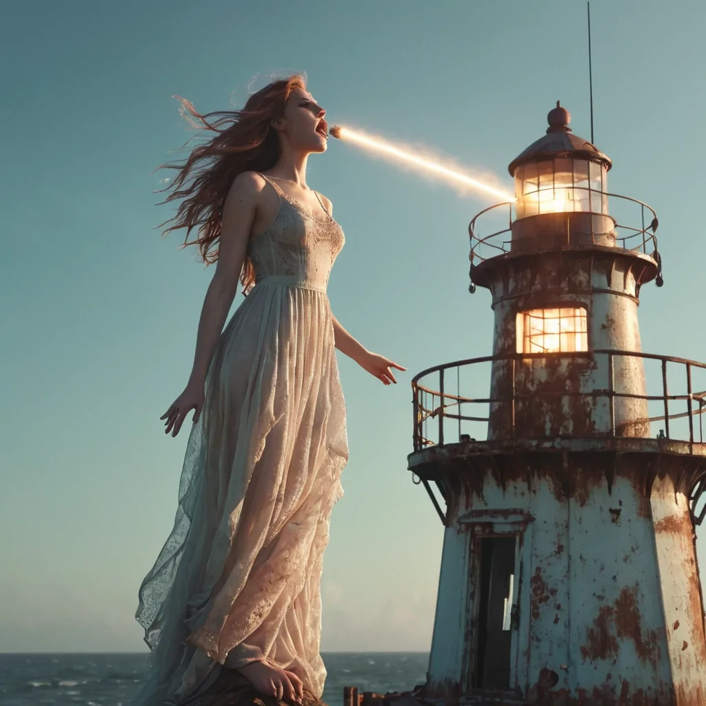 A lone, ethereal siren singing atop a rusted, abandoned lighthouse, her voice materializing as glowing, spectral notes that dance and flicker in the salty air, hyperrealistic, 4K, cinematic lighting, volumetric lighting, atmospheric effects, bokeh effect, soft focus, lens flare, pastel tones, detailed textures.