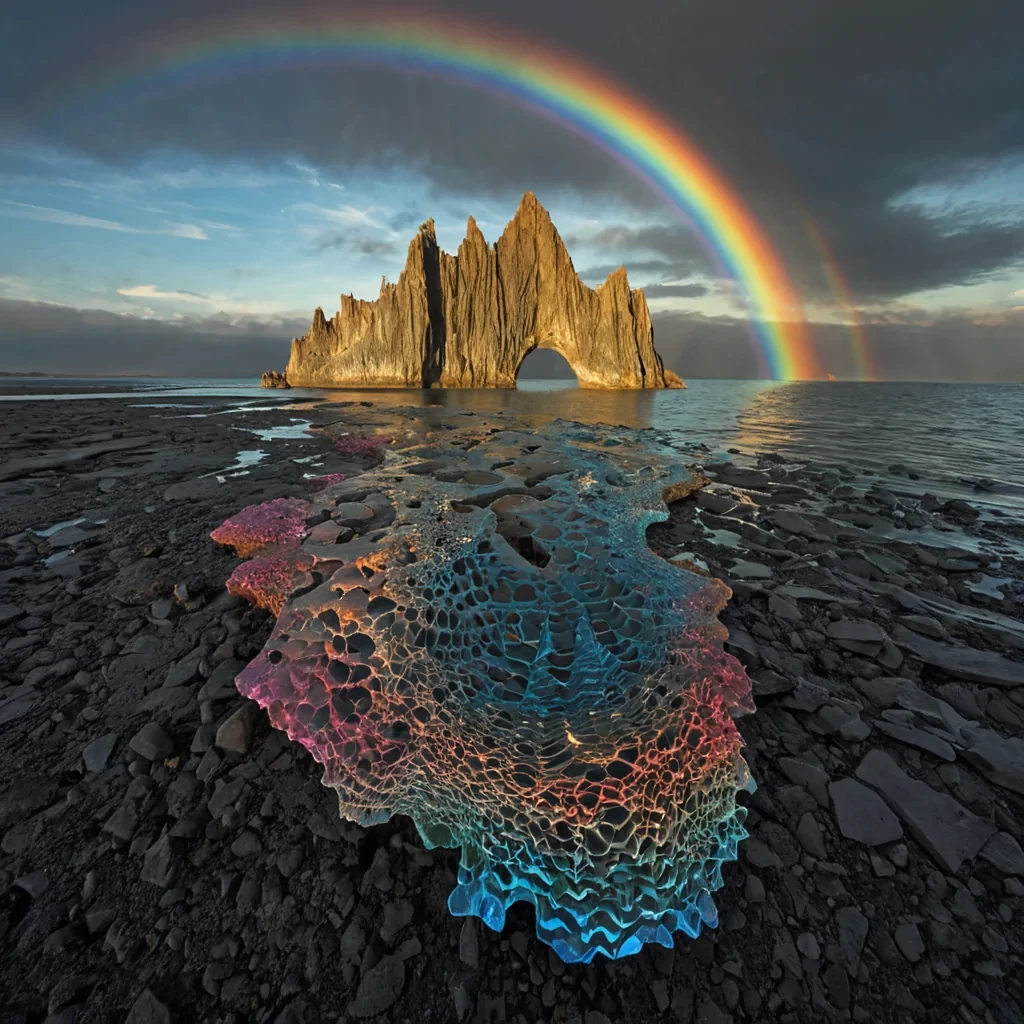 A single, selferoding ribbon of crystallized twilight weaves through the core of a floating, inverted archipelago of petrified rainbows, its structure not rock or coral but forged from the chromatic residue of a thousand unshattered prisms that never refracted light in a world that never saw the sky. The ribbon does not decayit unrefracts, each pulse dissolving a spectrum into its original darkness, releasing a wave of negative luminosity that fractures the fabric of color into a drifting mist of fractal, geometric shadows, each one etched with the thermal echo of a tear that never fell on a shore that never dried. The archipelagos islands are not landmassesthey are suspended moments of